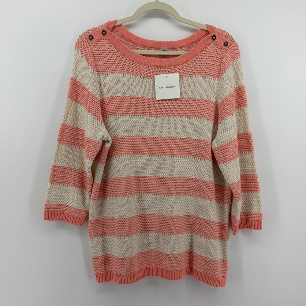Croft & Barrow Striped‎ Sweater Coral Pink Women XL 3/4 Sleeve Cotton Boat Neck